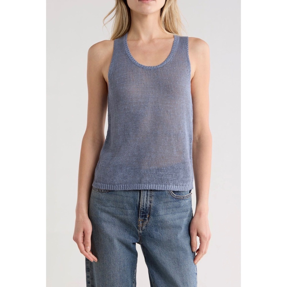 Vince Women's Beachy linen Open stitch Scoop‎ Neck Sleeveless Tank Top Large NWT